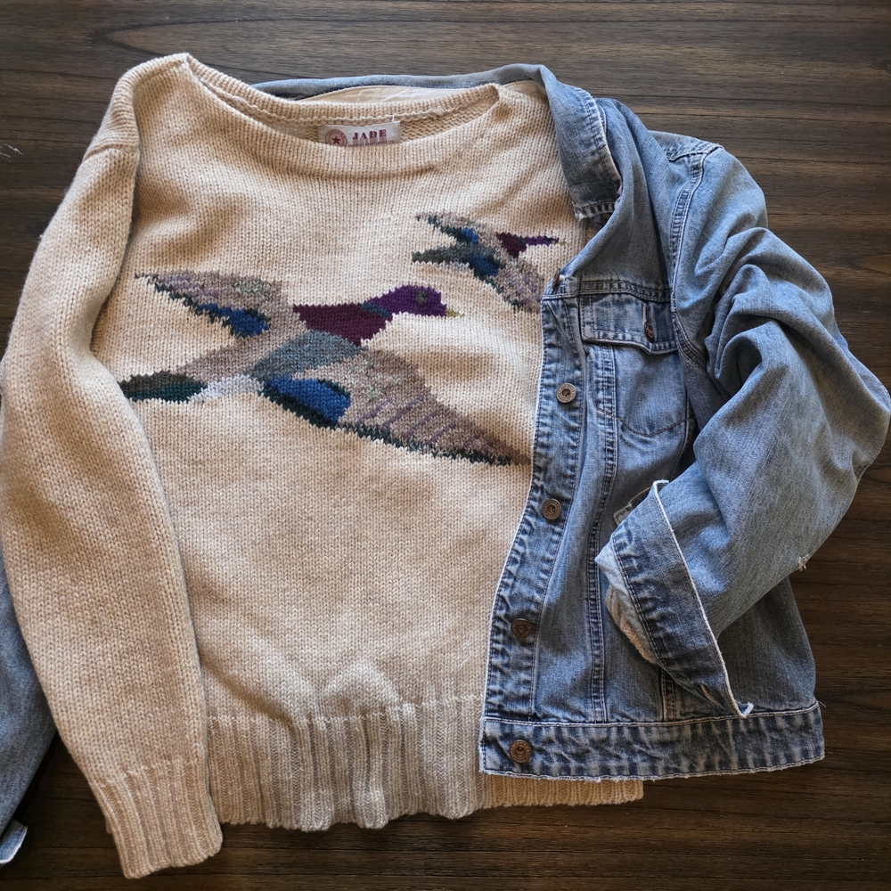 Vintage 100% Shetland Wool Sz.M Flying Mallard Ducks Sweater